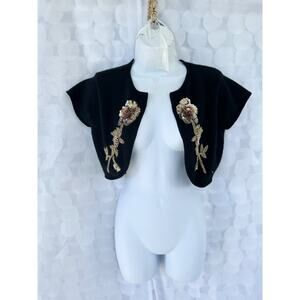 VTG 90's Black Lambs wool Cropped Bolero Sweater Gold Embellished Sequins Party